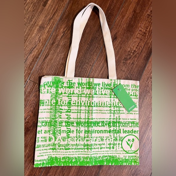 NWT AVEDA Certified Organic Cotton tote. Green & ivory. - Picture 1 of 9